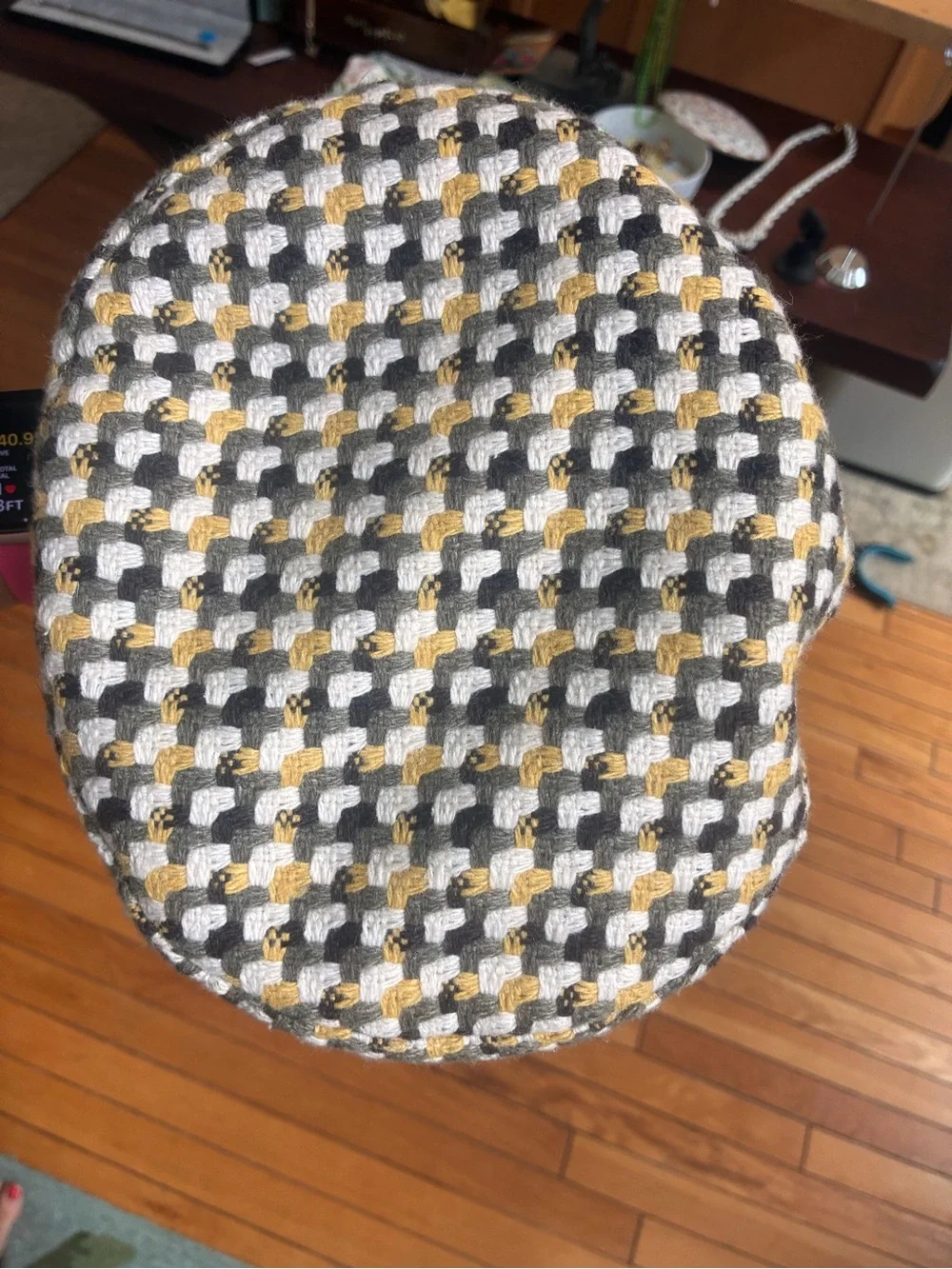 Vintage woven Check Pattern Home Accent Hat in Gray, White & Yellow